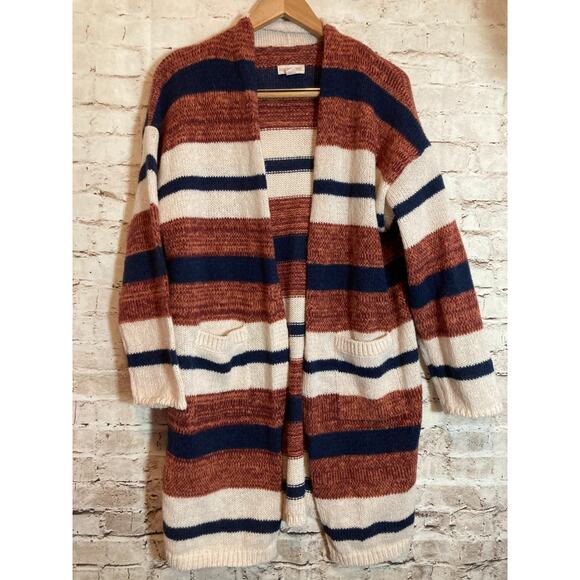 Knox Rose Sweater Womens Small Rust & Navy Striped Long Line Open Front Cardigan - Picture 1 of 14